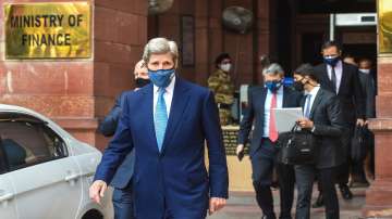 US climate envoy John Kerry leaves the Ministry of Finance after a meeting with Finance Minister Nirmala Sitharaman.