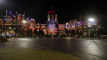 Deserted road outside Chhatrapati Shivaji Maharaj train Terminus after restrictions were imposed in Mumbai.