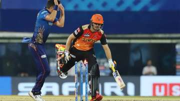 Abdul Samad of Sunrisers Hyderabad gets runout during match 9 of the Vivo Indian Premier League 2021 between the Mumbai Indians and the Sunrisers Hyderabad held at the M. A. Chidambaram Stadium, Chennai on the 17th April