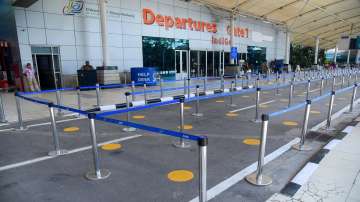 Markers to ensure social distancing outside the departure gates of Mumbai Airport.