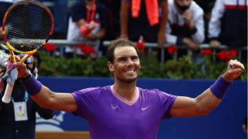 Rafael Nadal of Spain celebrates his victory over Pablo Carreno Busta of Spain after a semi final Godo tennis tournament in Barcelona, Spain, Saturday, April 24