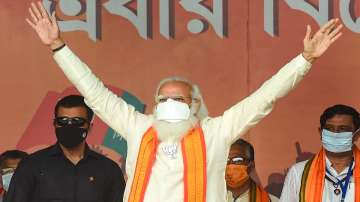 Prime Minister Narendra Modi during an election campaign rally for West Bengal state assembly polls at Barasat, in North 24 Parganas.