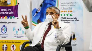 AIIMS Director Randeep Guleria after taking the second dose of COVID-19 vaccine, at AIIMS in New Delhi.