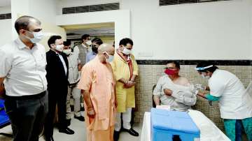 UP CM Yogi Adityanath visits a COVID-19 vaccination centre in Lucknow.