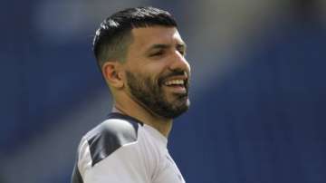 Manchester City's Sergio Aguero works out with teammates during a training session ahead of the Champions League final match at the Dragao stadium in Porto, Portugal, Friday, May 28