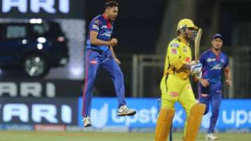 Avesh Khan after dismissing MS Dhoni, IPL 2021, IPL 2021 DC vs CSK