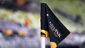 A detailed view of a "Gdansk Final 2021" corner flag is seen during the Manchester United Training Session ahead of the UEFA Europa League Final between Villarreal CF and Manchester United at Gdansk Arena on May 25
