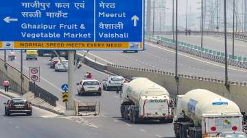 Tankers carry medical oxygen gas for COVID-19 patients, at Ghazipur, in New Delhi.