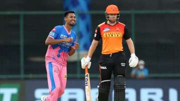 Mustafizur Rahman of Rajasthan Royals celebrates the wicket of Manish Pandey of Sunrisers Hyderabad during match 28 of the Vivo Indian Premier League between the Rajasthan Royals and the Sunrisers Hyderabad held at the Arun Jaitley Stadium