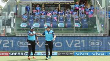 The umpires take to the field during match 28 of the Vivo Indian Premier League between the Rajasthan Royals and the Sunrisers Hyderabad held at the Arun Jaitley Stadium, Delhi
