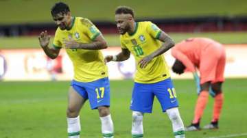 Neymar with Brazil's Lucas Paqueta