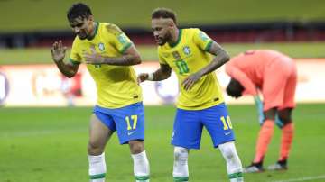 Neymar with Brazil's Lucas Paqueta