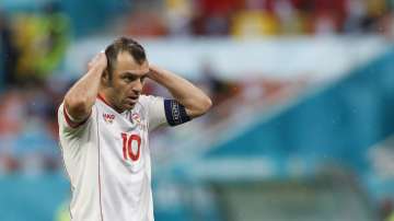 North Macedonia's Goran Pandev reacts after missing a chance to score during the Euro 2020 soccer championship group C match between Austria and Northern Macedonia at the National Arena stadium in Bucharest, Romania, Sunday, June 13