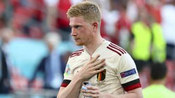 Belgium's Kevin De Bruyne celebrates his side's 2-1 win after the Euro 2020 soccer championship group B match between Denmark and Belgium, at the Parken stadium in Copenhagen, Thursday, June 17