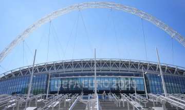 In this Wednesday, June 9, 2021 file photo, a view of the entrance to Wembley stadium, ahead of the Euro 2020 soccer championship in London