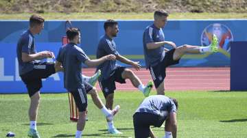 From left rear, Germany's Lukas Klostermann , Jonas Hofmann, Kevin Volland and Matthias Ginter attend a training session of the German national soccer team in Herzogenaurach, Germany, Monday, June 28