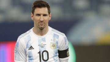 Argentina's Lionel Messi lines up prior to a Copa America soccer match against Bolivia at Arena Pantanal stadium in Cuiaba, Brazil, Monday, June 28