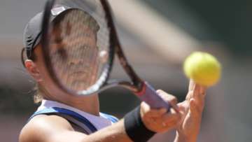 Australia's Ashleigh Barty plays a return to United States's Bernarda Pera during their first round match on day three of the French Open tennis tournament at Roland Garros in Paris, France, Tuesday, June 1