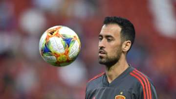 Spain's Sergio Busquets warms up before the Euro 2020 group F qualifying soccer match between Spain and Faroe Islands at the Molinon stadium in Gijon, Spain, Sunday, Sept. 8