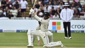 New Zealand's Devon Conway plays a shot during the second day of the second cricket test match between England and New Zealand at Edgbaston in Birmingham, England, Friday, June 11