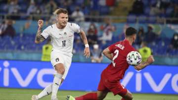 Italy's Ciro Immobile scores his side's second goal during the Euro 2020, soccer championship group A match between Italy and Turkey, at the Rome Olympic stadium, Friday, June 11