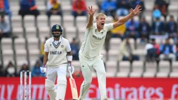 Kyle Jamieson of New Zealand appeals successfully for the wicket of Virat Kohli of India during Day 3 of the ICC World Test Championship Final between India and New Zealand at The Hampshire Bowl on June 20