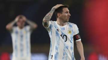 Argentina's Lionel Messi gestures during a qualifying soccer match for the FIFA World Cup Qatar 2022 against Colombia at the Metropolitano stadium in Barranquilla, Colombia, Tuesday, June 8