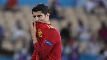Spain's Alvaro Morata gestures during the Euro 2020 soccer championship group E match between Spain and Sweden at La Cartuja stadium in Seville, Monday, June 14