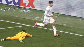 Spain's Alvaro Morata celebrates after scoring his team's fourth goal during the Euro 2020 soccer championship round of 16 match between Croatia and Spain, at Parken stadium in Copenhagen, Denmark, Monday, June 28