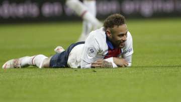 PSG's Neymar reacts at the end of the French League One soccer match between Brest and Paris Saint-Germain at the Stade Francis-Le Ble stadium in Brest, France, Sunday, May 23