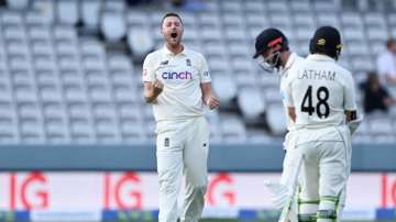 Ollie Robinson of England celebrates the successful review to dismiss Kane Williamson of New Zealand during Day 4 of the First LV= Insurance Test Match between England and New Zealand at Lord's Cricket Ground on June 05