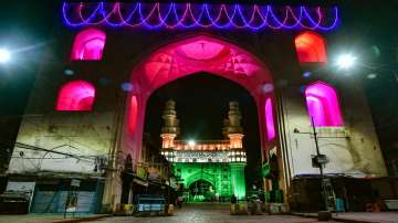 Charminar illuminated in tricolours on the occasion of Telangana State Formation Day, in Hyderabad.
