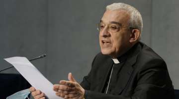 Mons. Filippo Iannone speaks during a press conference to illustrate changes in the Church's Canon law, at the Vatican, Tuesday, June 1, 2021