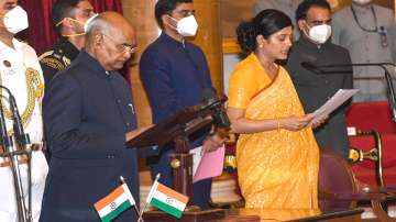 President Ram Nath Kovind administers oath of office and secrecy to cabinet minister Anupriya Singh Patel, at a ceremony at Rashtrapati Bhavan in New Delhi.