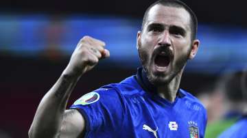 Italy's Leonardo Bonucci celebrates end of the Euro 2020 soccer championship round of 16 match between Italy and Austria at Wembley stadium in London in London, Saturday, June 26