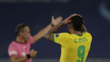 Brazil's Gabriel Jesus reacts after missing a chance to score during a Copa America quarterfinal soccer match against Chile at the Nilton Santos stadium in Rio de Janeiro, Brazil, Friday, July 2