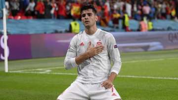 Spain's Alvaro Morata celebrates after scoring his side's opening goal during the Euro 2020 soccer semifinal match between Italy and Spain at Wembley stadium in London, Tuesday, July 6