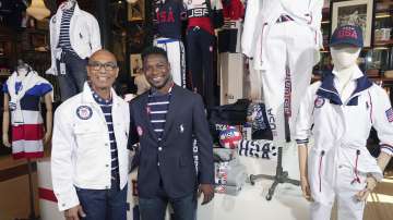 Olympic medalists in fencing, Peter Westbrook, left, and Daryl Homer model the Team USA Tokyo Olympic opening ceremony uniforms at the Ralph Lauren SoHo store on Wednesday, July 7