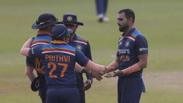 Indian team members congratulate bowler Deepak Chahar