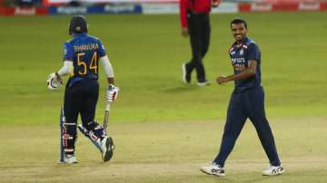 Chetan Sakariya, right, celebrates the dismissal of Sri Lanka's Bhanuka Rajapaksa