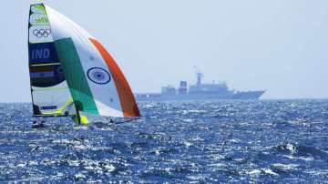 India's Varun Thakkar and Ganapathy Kelapanda compete during the men's 49er class at the Tokyo Olymp