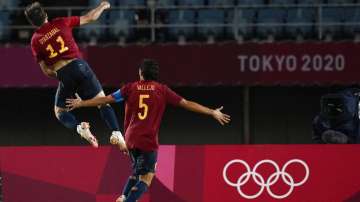 Spain's Mikel Oyarzabal celebrates scoring from the penalty spot 