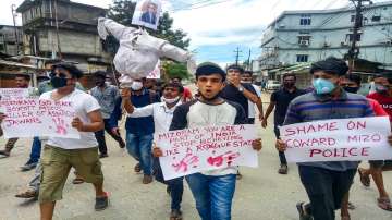 Cachar: Locals carry an effigy of Mizoram Chief Minister Zoramthanga stage a protest in front of Mizoram House, against the killing of five Assam Police personnel and one civilian in Mondays Assam-Mizoram border clash, at Lailapur in Cachar district, Wednesday, July 28, 2021. 