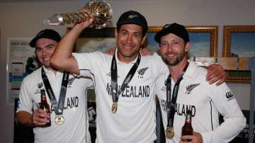 New Zealand players after winning the WTC final against India