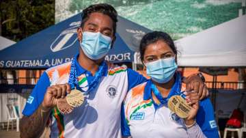 Deepika Kumari and Atanu Das with their medals from Recurve finals during the Hyundai Archery World 