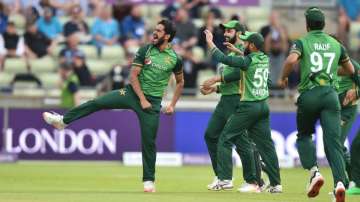 Hasan Ali of Pakistan celebrates after getting Dawid Malan of England 