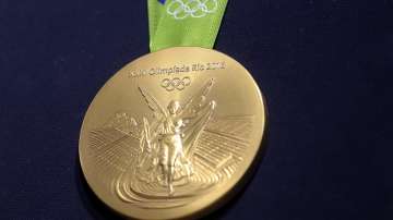 A close-up of the Olympic gold medal during the Launch of Medals and Victory Ceremonies for the Rio 2016 Olympic and Paralympic Games at the Future Arena in Olympic Park on June 14, 2016 in Rio de Janeiro, Brazil