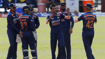 Yuzvendra Chahal, center, celebrates the wicket of Sri Lankas Avishka Fernando during the first one day international cricket match between Sri Lanka and India in Colombo, Sri Lanka, Sunday, July 18