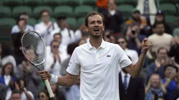 Russia's Daniil Medvedev celebrates winning the men's singles third round match against on day six of the Wimbledon Tennis Championships in London, Saturday July 3