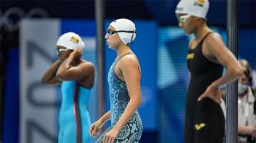 India's Manna Patel before the start of Womens 100m Backstroke Heat 1 Swimming event at the 2020 Summer Olympics, Sunday, July 25, 2021, in Tokyo, Japan